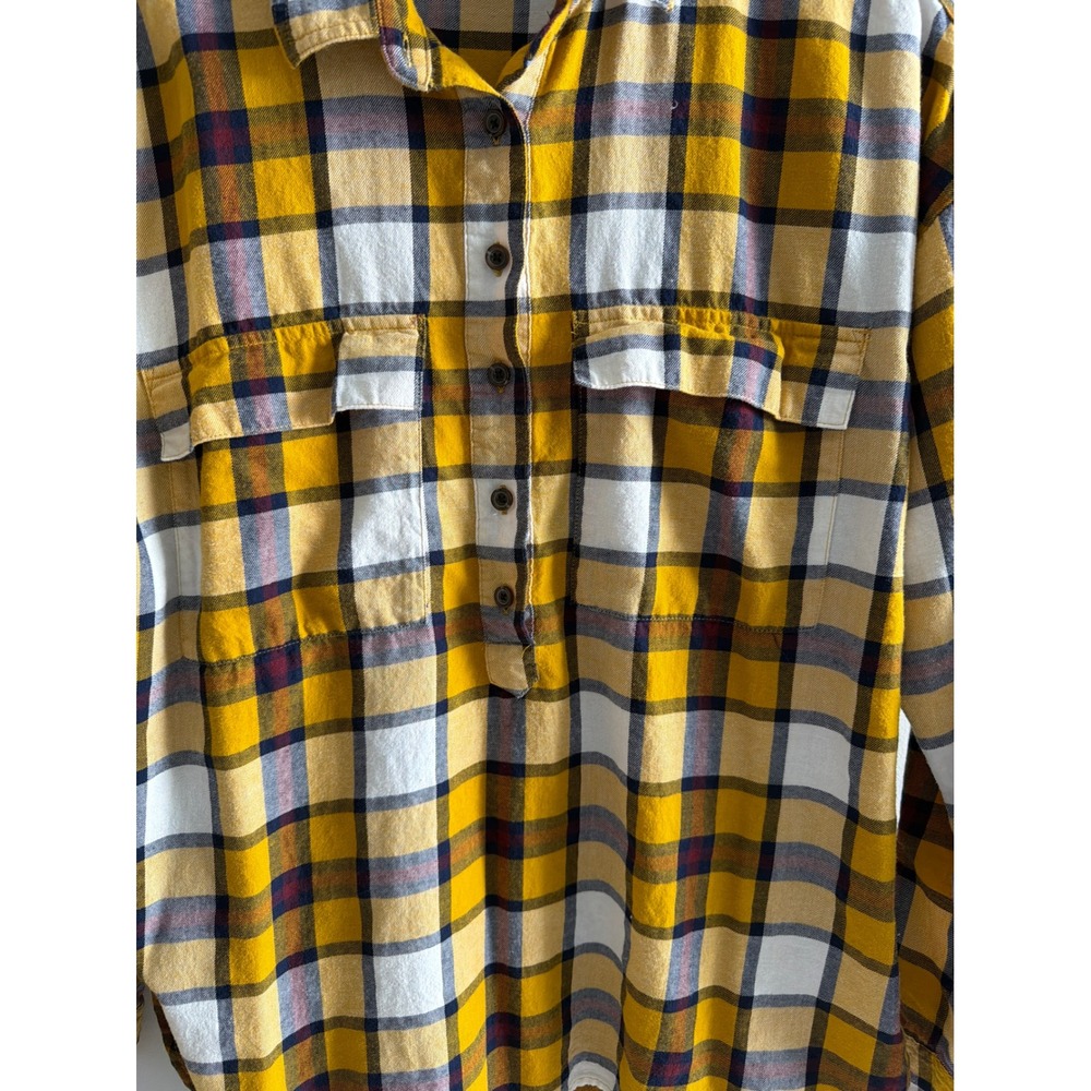 Old Navy Flannel Shirt Yellow Plaid Cotton Boyfriend Oversized Henley Blouse M - Picture 5 of 8